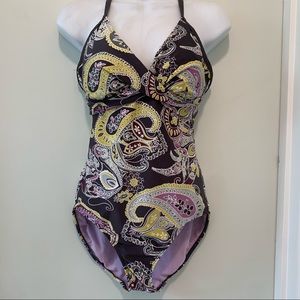 Athleta paisley one piece swim bathing suit gray size 3